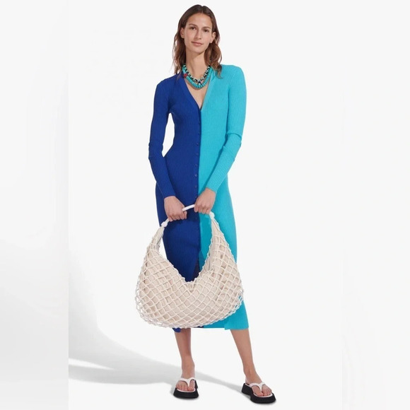 STAUD SHOKO SWEATER DRESS TWILIGHT LIGHT BLUE COLOR BLOCK RIBBED - Picture 1 of 6